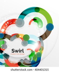 Colorful flat design vector abstract background. Swirl and circle shaped lines on white. Geometrical futuristic template with light effects