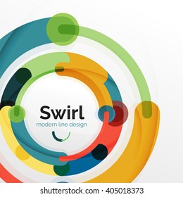 Colorful flat design vector abstract background. Swirl and circle shaped lines on white. Geometrical futuristic template with light effects