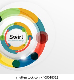 Colorful flat design vector abstract background. Swirl and circle shaped lines on white. Geometrical futuristic template with light effects