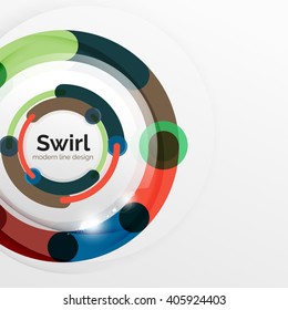 Fondo abstracto del vector de diseño plano colorido. Girar y dar forma a las líneas en forma de círculo sobre blanco. Plantilla futurista geométrica con efectos de luz