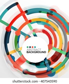 Colorful flat design vector abstract background. Swirl and circle shaped lines on white. Geometrical futuristic template with light effects