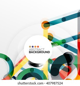 Colorful flat design vector abstract background. Swirl and circle shaped lines on white. Geometrical futuristic template with light effects