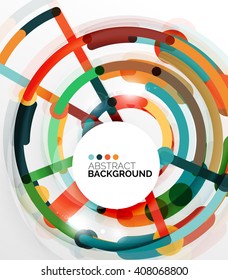 Colorful flat design vector abstract background. Swirl and circle shaped lines on white. Geometrical futuristic template with light effects