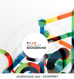 Colorful flat design vector abstract background. Swirl and circle shaped lines on white. Geometrical futuristic template with light effects
