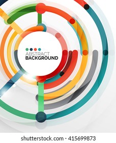 Colorful flat design vector abstract background. Swirl and circle shaped lines on white. Geometrical futuristic template with light effects