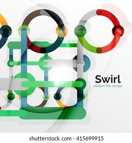 Colorful flat design vector abstract background. Swirl and circle shaped lines on white. Geometrical futuristic template with light effects