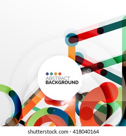 Colorful flat design vector abstract background. Swirl and circle shaped lines on white. Geometrical futuristic template with light effects