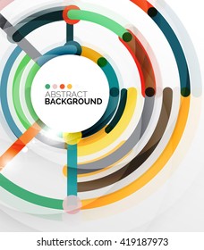 Fondo abstracto del vector de diseño plano colorido. Girar y dar forma a las líneas en forma de círculo sobre blanco. Plantilla futurista geométrica con efectos de luz