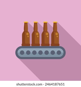 Colorful flat design vector of four beer bottles on a production line with a pink background