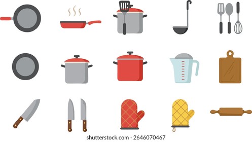 A colorful flat design vector icon set featuring various kitchen tools and utensils. Ideal for culinary apps, recipe illustrations, food blogs, or cooking-themed design projects.