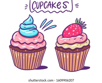 Colorful flat design vector illustration food chocolate cupcakes isolated on blackground