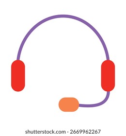 Ilustração de vetor de design plano colorido de um fone de ouvido de serviço ao cliente com uma faixa de cabeça roxa e um microfone laranja anexado.