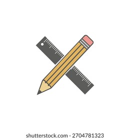Ilustração vetorial de design plano colorido de um lápis afiado atravessou uma régua, simbolizando design, desenho, educação, precisão, medição, trabalho criativo e material de escritório.
