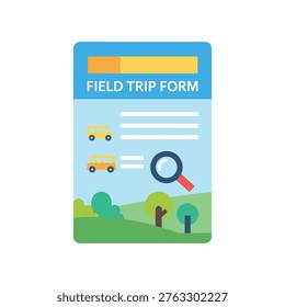 Colorful flat design vector illustration of a field trip permission form featuring a school bus, checklist, and outdoor landscape. Ideal for educational materials, school administration, travel planning, and children's activity resources.