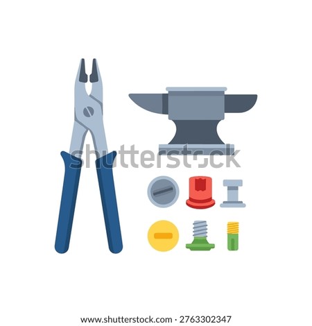 Colorful flat design vector illustration of a snap set featuring pliers, anvil, and various hardware accessories. Ideal for DIY projects, home improvement, construction, and educational materials.