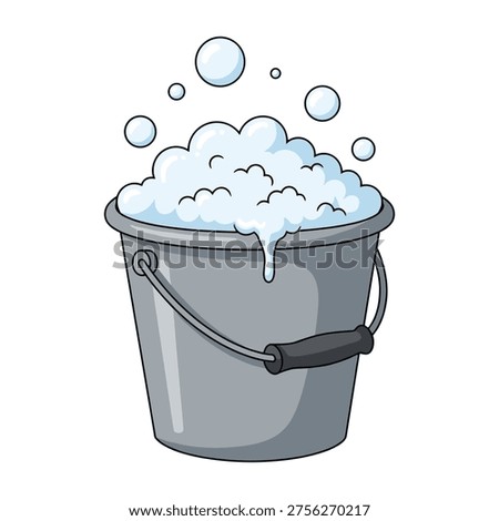 Colorful flat design vector of a metal bucket overflowing with frothy water and bubbles, ideal for cleaning, hygiene, or household themes in marketing and educational materials.
