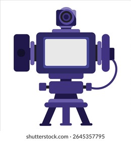 Vetor de design plano colorido de uma câmera de vídeo profissional montada em um tripé. Esta ilustração de câmera digital moderna apresenta formas arrojadas e um esquema de cor roxo vibrante, ideal para mídia, filme pr