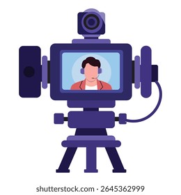 Colorful flat design vector of a professional video camera mounted on a tripod. This modern digital camera illustration features bold shapes and a vibrant purple color scheme, ideal for media, film pr