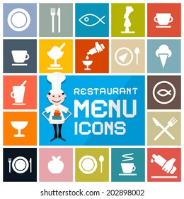 Colorful Flat Design Vector Restaurant Menu Icons Set