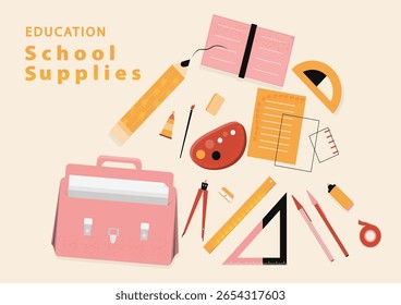 Colorful flat design vector of school supplies pencils, notebooks, rulers, and backpacks for students preparing to study and back to school concept.