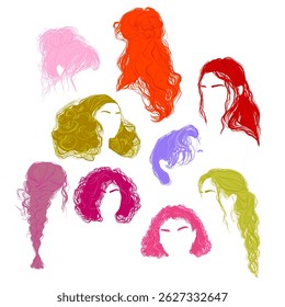 Colorful Flat Design Woman Portraits – Fashion Hairstyles Collection with bright colors. Modern vector faces, lips and wavy hair silhouette drawings set