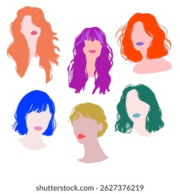 Colorful Flat Design Woman Portraits – Fashion Hairstyles Collection with bright colors. Modern vector faces, lips and wavy hair silhouette drawings set