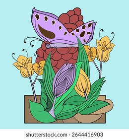 Colorful Flat Doodle of Butterfly and Flowers in Pot