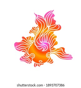 Colorful flat doodle goldfish with wavy gradient fins drawn by hand in flat style. Doodle animal design element for baby clothes printing, package, icon, wrapping paper, wallpaper, childens goods.