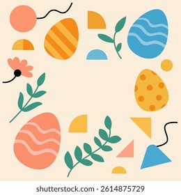 Colorful Flat Easter Elements on Cream Background. Minimalist Easter background with colorful eggs, leaves, and geometric shapes in flat style on soft cream backdrop.