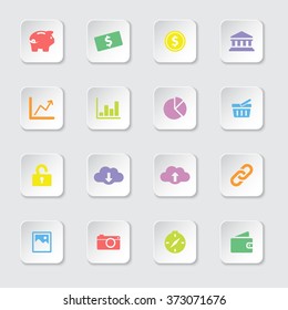 colorful flat finance and technology icon set 4 on white rounded rectangle button with soft shadow for web design, user interface (UI), infographic and mobile application (apps)