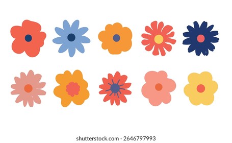 Colorful Flat Flower Icon Set, Decorative Flower Vector Pack, Botanical Icons for Design Hand-Drawn Floral Vector Collection.