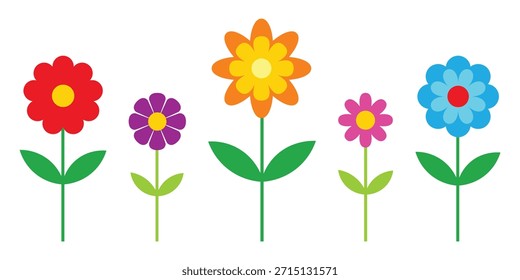 Conjunto de iconos de flores planas de colores para la decoración floral de la naturaleza del jardín de la flor de la primavera e ilustración botánica