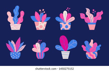 Colorful flat flower pots. Trendy flat cartoon style vector illustration for floral banner, cover design, poster 