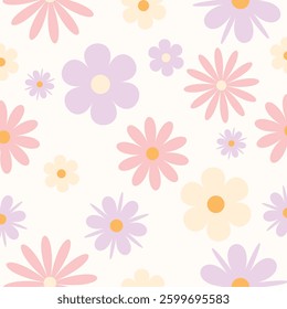 Colorful flat flowers
patterns set.Seamless backgrounds. Repeating simple floral prints wrapping, wallpaper, fabric, textile design. Vector illustration