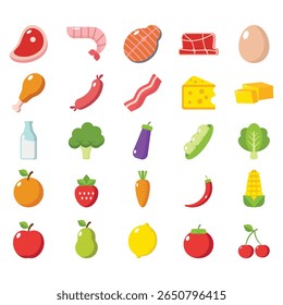 Colorful Flat Food Icon Set – Meat, Seafood, Dairy, Vegetables, Fruits, and Ingredients for Healthy Eating, Nutrition, and Cooking Design Projects