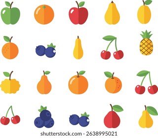 A colorful flat fruit icon set featuring apple, orange, pear, cherry, blueberry, pineapple, grape, and more. Perfect for food, health, nutrition, and digital design projects.