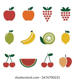  Colorful Flat Fruit Icon Set Minimal Vector Collection for Healthy Food Design