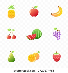 Colorido conjunto de iconos de frutas planas comida saludable con piña manzana plátano cereza sandía uvas aguacate naranjas fresa
