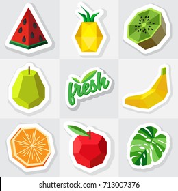 Colorful flat fruits icons set. Fresh stickers design.