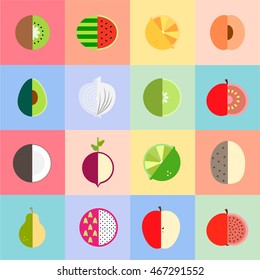 Colorful flat fruits and vegetables icons set. Template for cooking, restaurant menu and vegetarian food