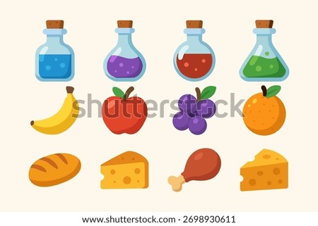 Colorful Flat Game Assets Set with Fantasy Food and Magic Potions, Cartoon Icons for RPG, Adventure, and Mobile Games, Perfect for UI, Inventory, and Casual Game Design Elements