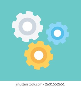 Colorful flat gear icon illustration with blue, yellow, and white cogs on a teal background, symbolizing settings, configuration, teamwork, or mechanical process in digital or industrial contexts.