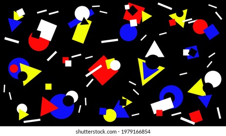 Colorful flat geometric shapes randomly arranged on a black background. Abstract geometric background. Illustration. Vector, eps10.