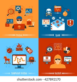 Colorful Flat Hacker And Computer Viruses Concept Set. Vector illustration
