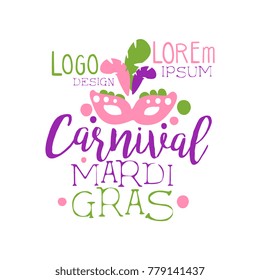 Colorful flat hand drawn Mardi Gras holiday logo original design with lettering and pink mask with feathers. Fat Tuesday, carnival. Vector on white