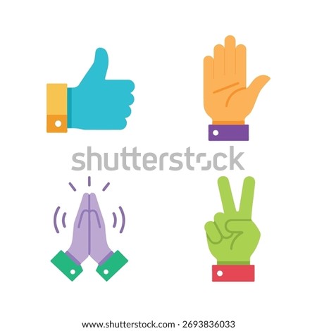 Colorful flat hand gesture icon pack – showing approval, greeting, praying, and victory signs