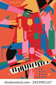 Colorful flat hand-drawn poster for a cocktail party with live music.