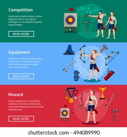 Colorful flat horizontal archery banners with players rewards and necessary equipment for competition isolated vector illustration