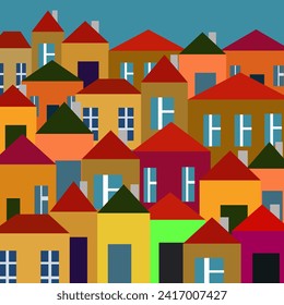 Colorful flat houses, vector pattern.