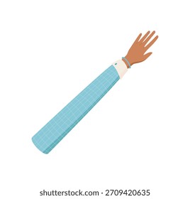 Bunte flache menschliche Handbewegung mit erhobenen Fingern. Kreatives Symbol einer Arm- und menschlichen Metapher. Vielfältiges Design, das Kommunikation, Einheit und symbolische Verbindung betont.